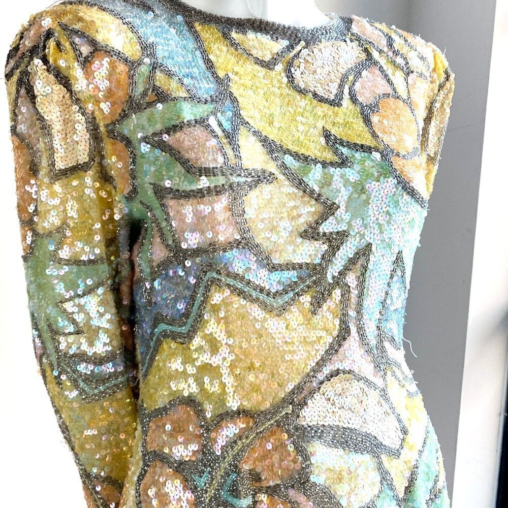 Vintage Oleg Cassini Black Tie PAstel Colours Fully Beaded Sequin Top S - Picture 9 of 10